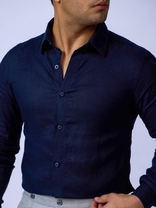 Stylish Navy Blue Formal Shirt In Linen