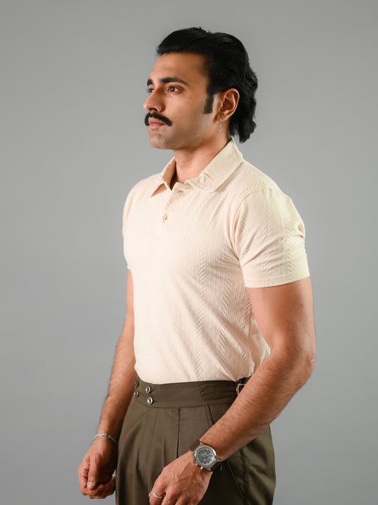 Beige Textured Cotton Polo T-Shirt For Men
