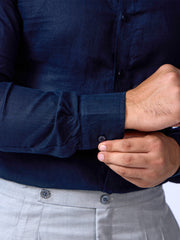 Stylish Navy Blue Formal Shirt In Linen