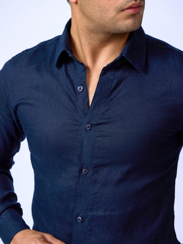 Stylish Navy Blue Formal Shirt In Linen