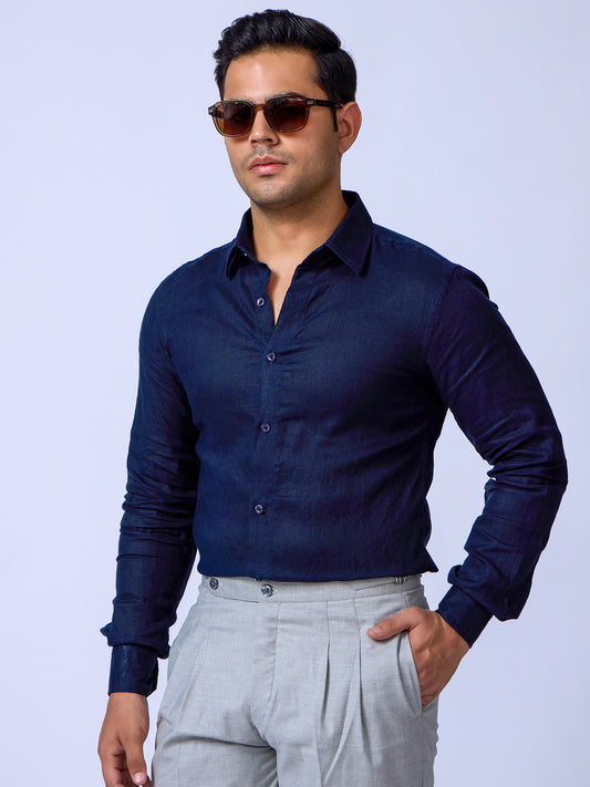 Stylish Navy Blue Formal Shirt In Linen