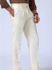 Classic Straight Fit Cream Linen Pants for Men