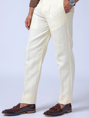 Classic Straight Fit Cream Linen Pants for Men
