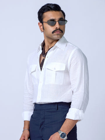 White Solid Linen Slim Fit Shirt