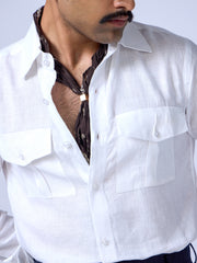 White Solid Linen Slim Fit Shirt