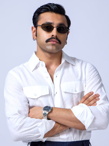 White Solid Linen Slim Fit Shirt