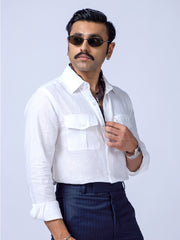 White Solid Linen Slim Fit Shirt
