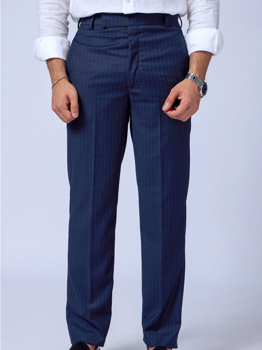 Sharp Tailored Navy Blue Pinstripe Trousers For Men