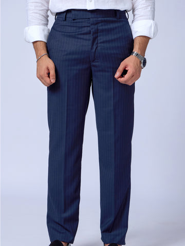 Sharp Tailored Navy Blue Pinstripe Trousers For Men