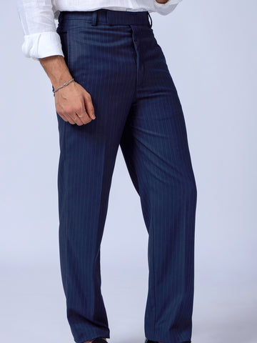 Sharp Tailored Navy Blue Pinstripe Trousers For Men