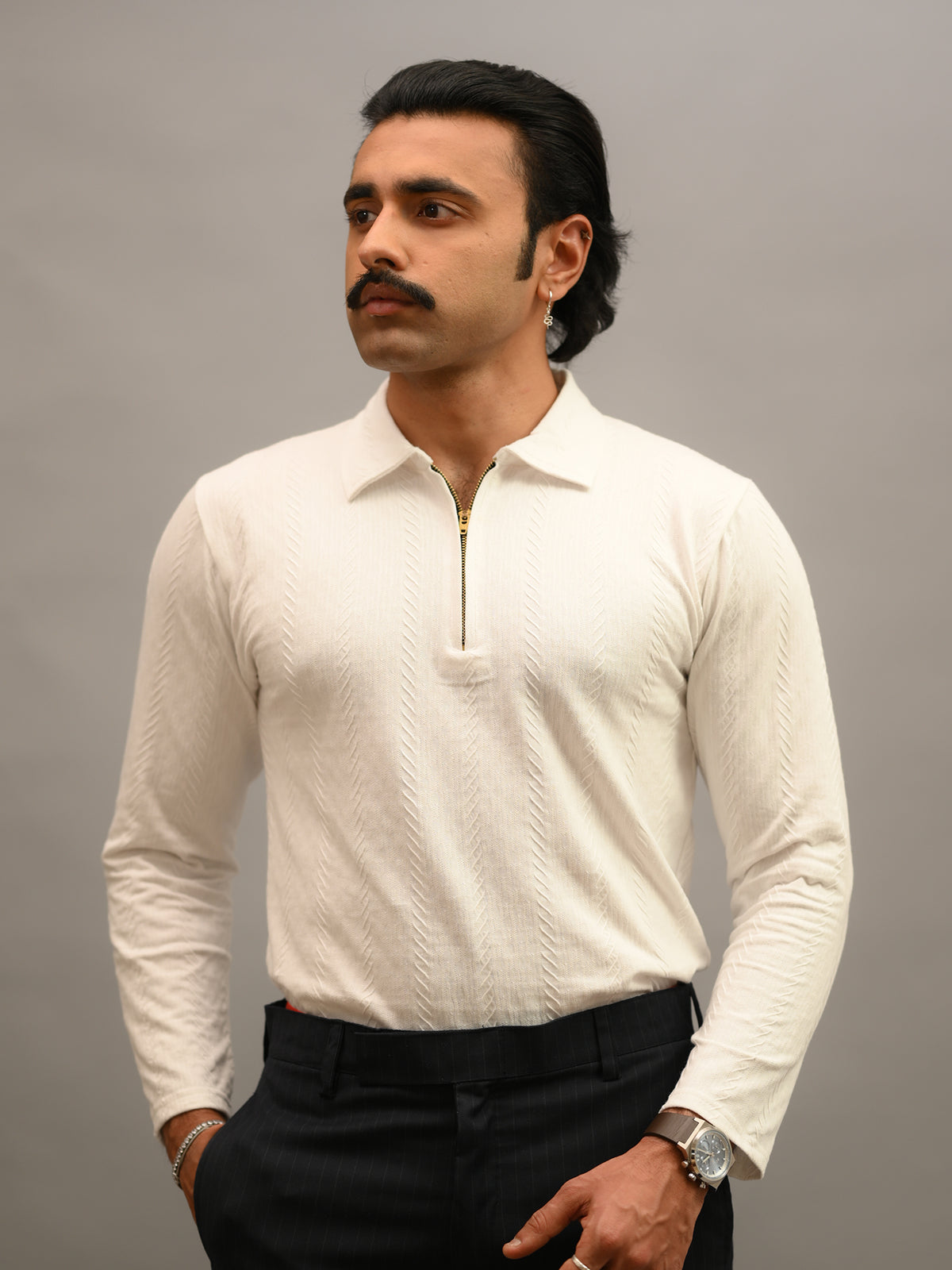 White Cotton Knitted Long Sleeve Polo T-Shirt