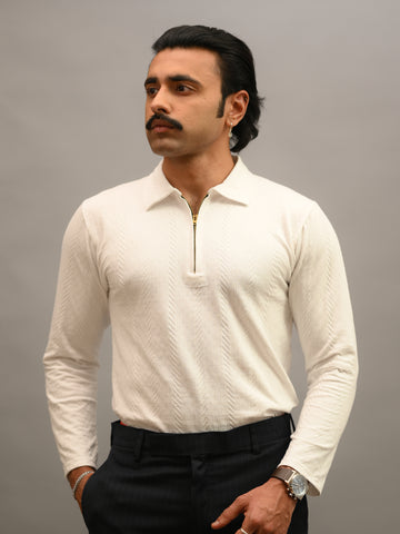 White Cotton Knitted Long Sleeve Polo T-Shirt