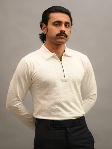 White Cotton Knitted Long Sleeve Polo T-Shirt