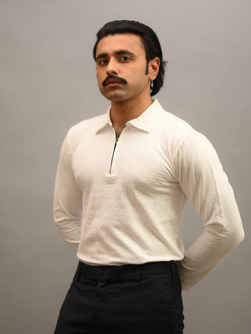White Cotton Knitted Long Sleeve Polo T-Shirt