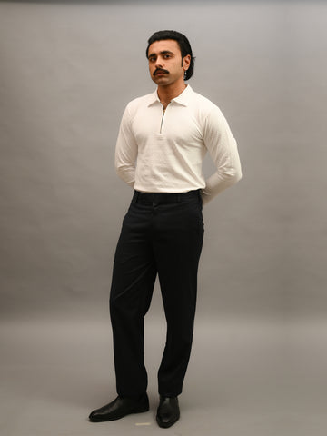 White Cotton Knitted Long Sleeve Polo T-Shirt