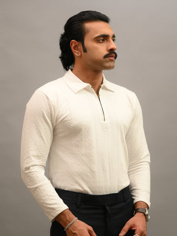 White Cotton Knitted Long Sleeve Polo T-Shirt
