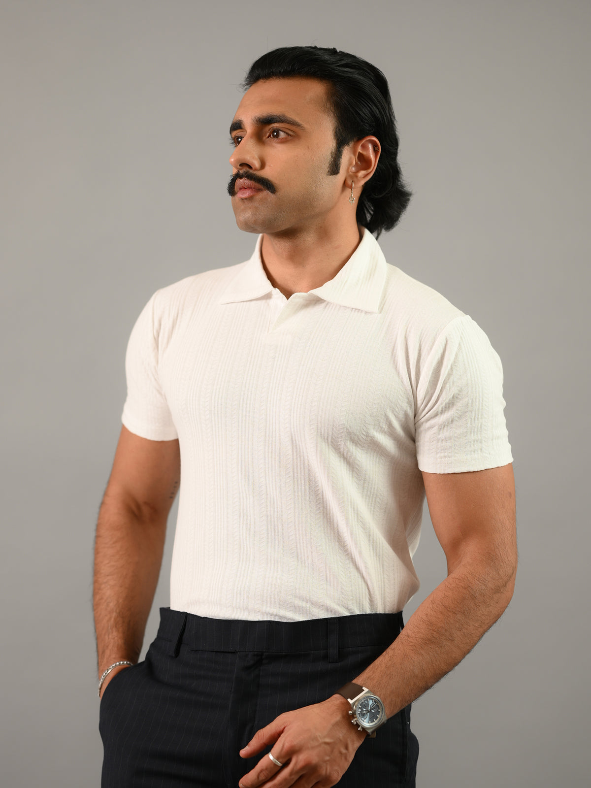 White Textured Soft Cotton Knitted Polo T-Shirt