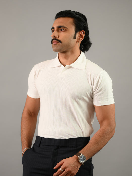 White Textured Soft Cotton Knitted Polo T-Shirt