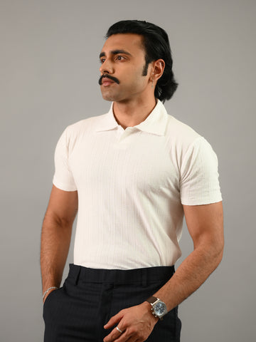 White Textured Soft Cotton Knitted Polo T-Shirt