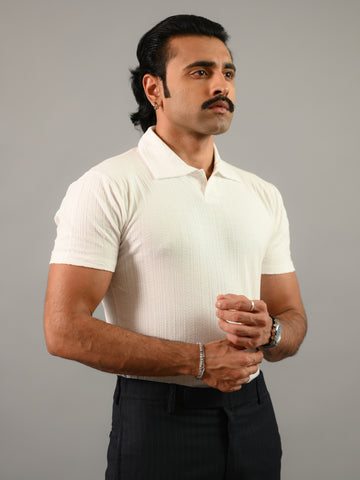 White Textured Soft Cotton Knitted Polo T-Shirt