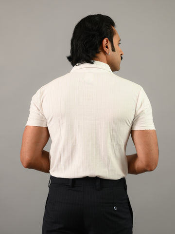 White Textured Soft Cotton Knitted Polo T-Shirt