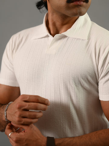 White Textured Soft Cotton Knitted Polo T-Shirt