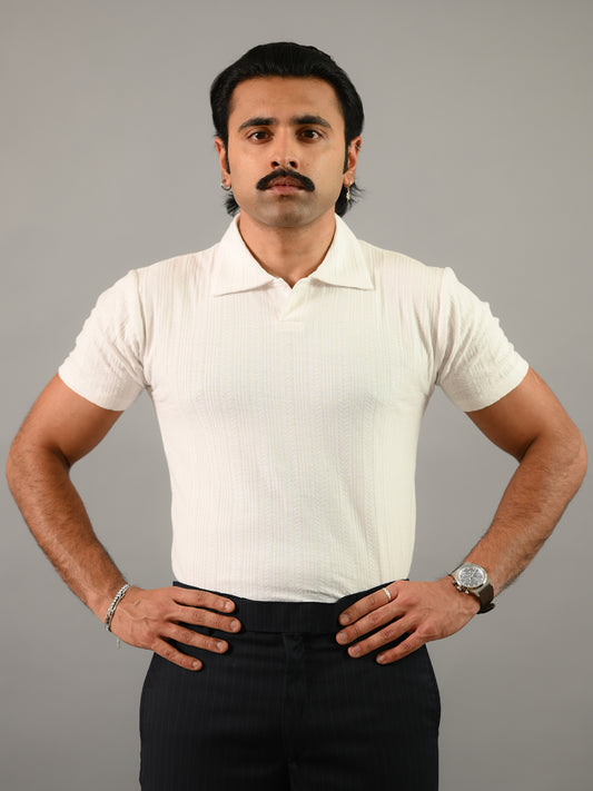 White Textured Soft Cotton Knitted Polo T-Shirt