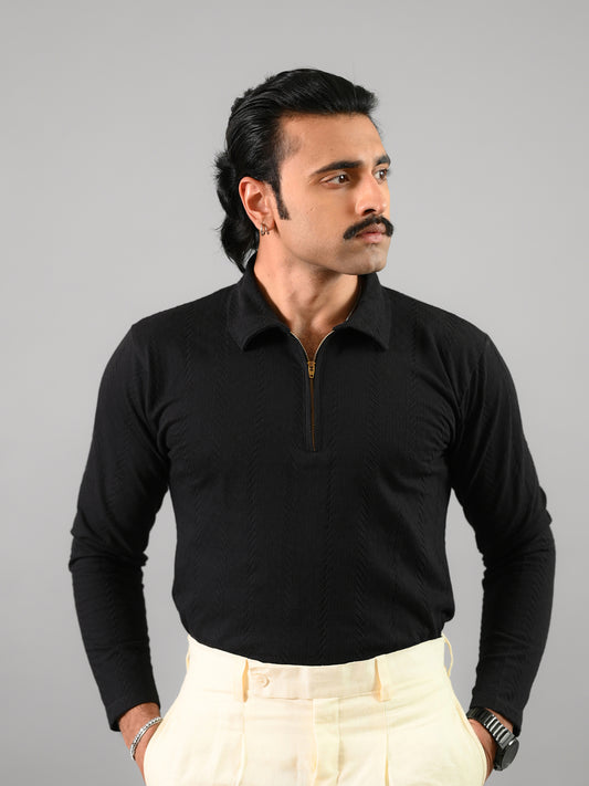 Black knitted Cotton T-Shirt With Half-Zip