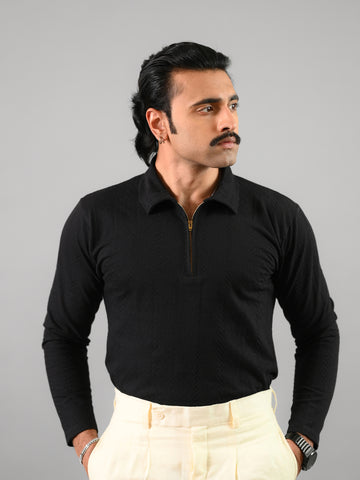 Black knitted Cotton T-Shirt With Half-Zip
