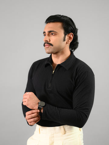 Black knitted Cotton T-Shirt With Half-Zip