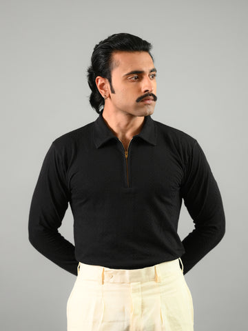 Black knitted Cotton T-Shirt With Half-Zip