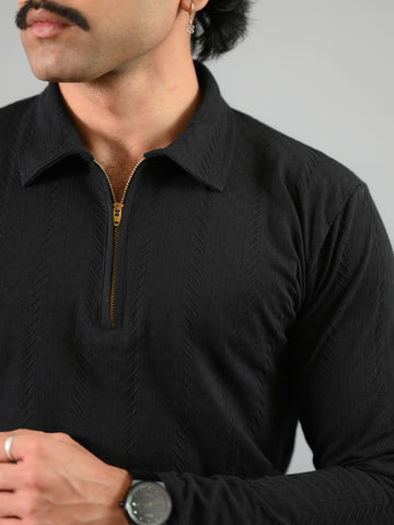 Black knitted Cotton T-Shirt With Half-Zip