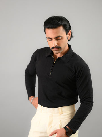 Black knitted Cotton T-Shirt With Half-Zip