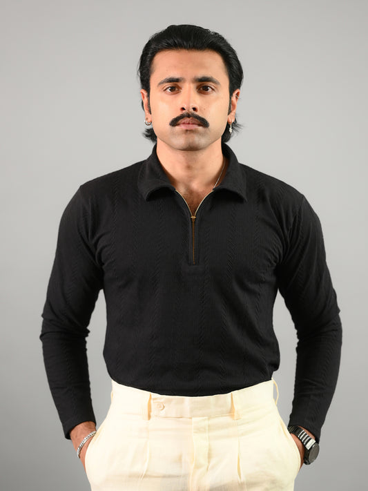 Black knitted Cotton T-Shirt With Half-Zip