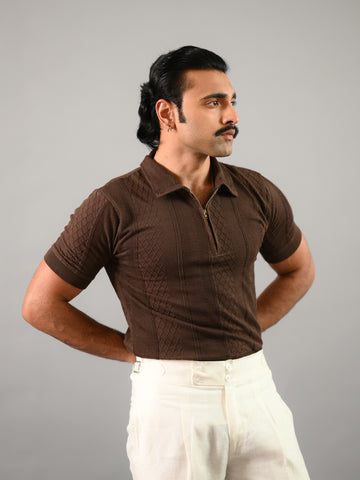 Coffee Brown Short Sleeves Textured Cotton Polo T-Shirt