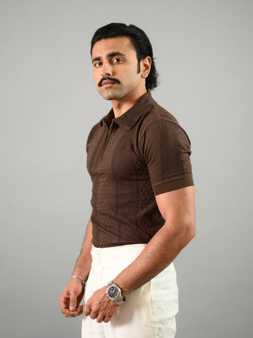Coffee Brown Short Sleeves Textured Cotton Polo T-Shirt