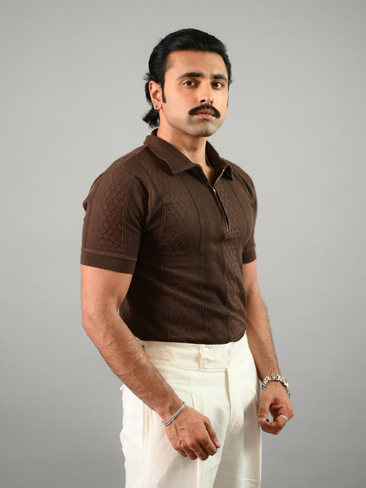 Coffee Brown Short Sleeves Textured Cotton Polo T-Shirt