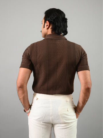Coffee Brown Short Sleeves Textured Cotton Polo T-Shirt