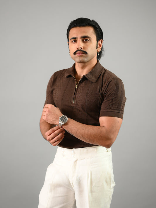 Coffee Brown Short Sleeves Textured Cotton Polo T-Shirt