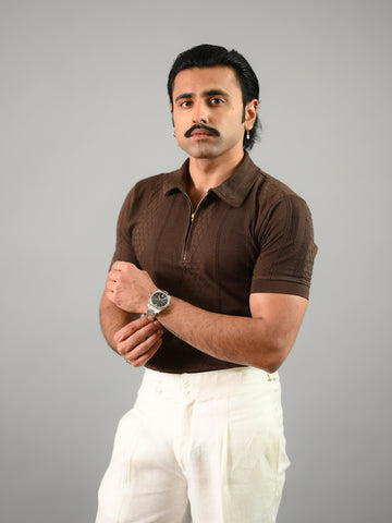 Coffee Brown Short Sleeves Textured Cotton Polo T-Shirt