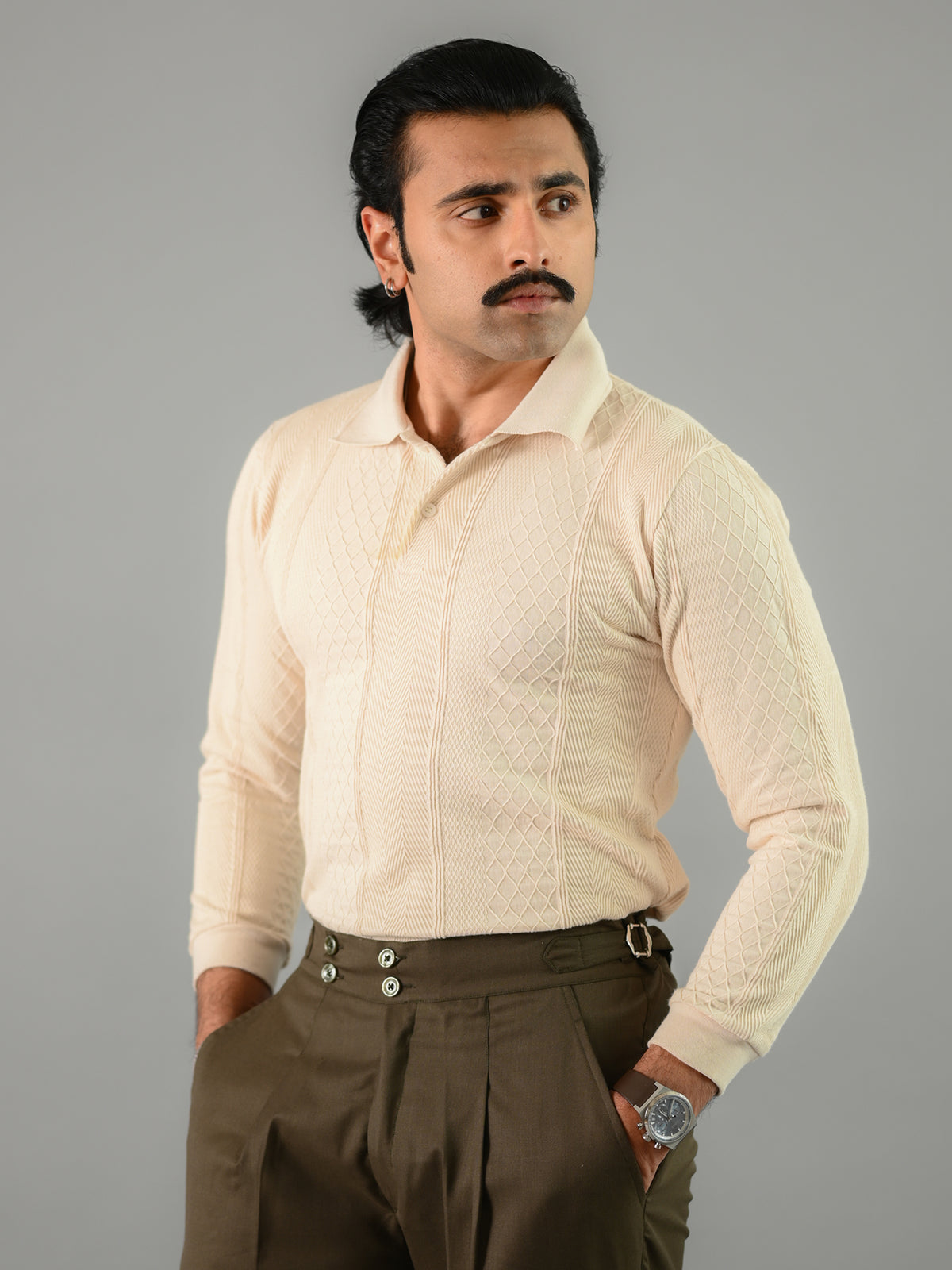 Beige Textured Cotton Long Sleeves Polo T-Shirt