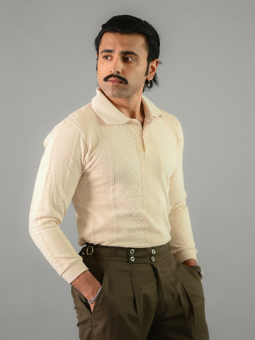 Beige Textured Cotton Long Sleeves Polo T-Shirt