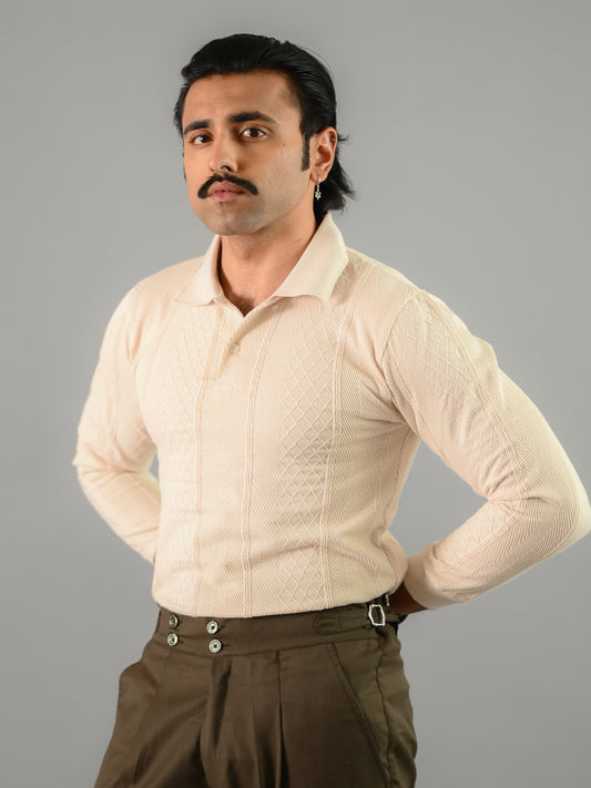 Beige Textured Cotton Long Sleeves Polo T-Shirt