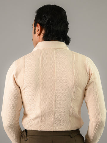 Beige Textured Cotton Long Sleeves Polo T-Shirt