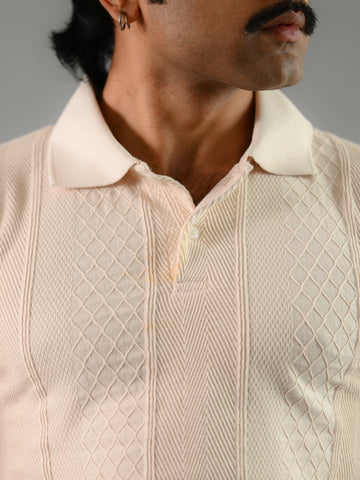 Beige Textured Cotton Long Sleeves Polo T-Shirt