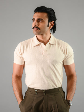 Beige Textured Cotton Polo T-Shirt For Men