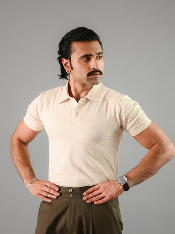 Beige Textured Cotton Polo T-Shirt For Men