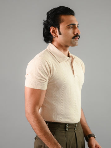 Beige Textured Cotton Polo T-Shirt For Men