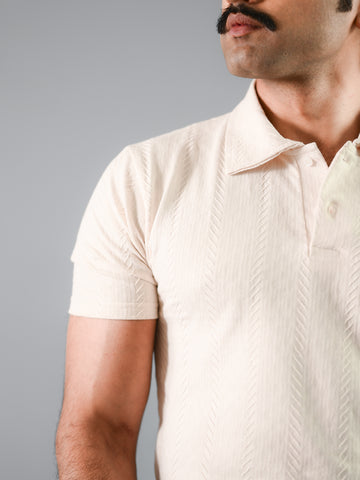 Beige Textured Cotton Polo T-Shirt For Men