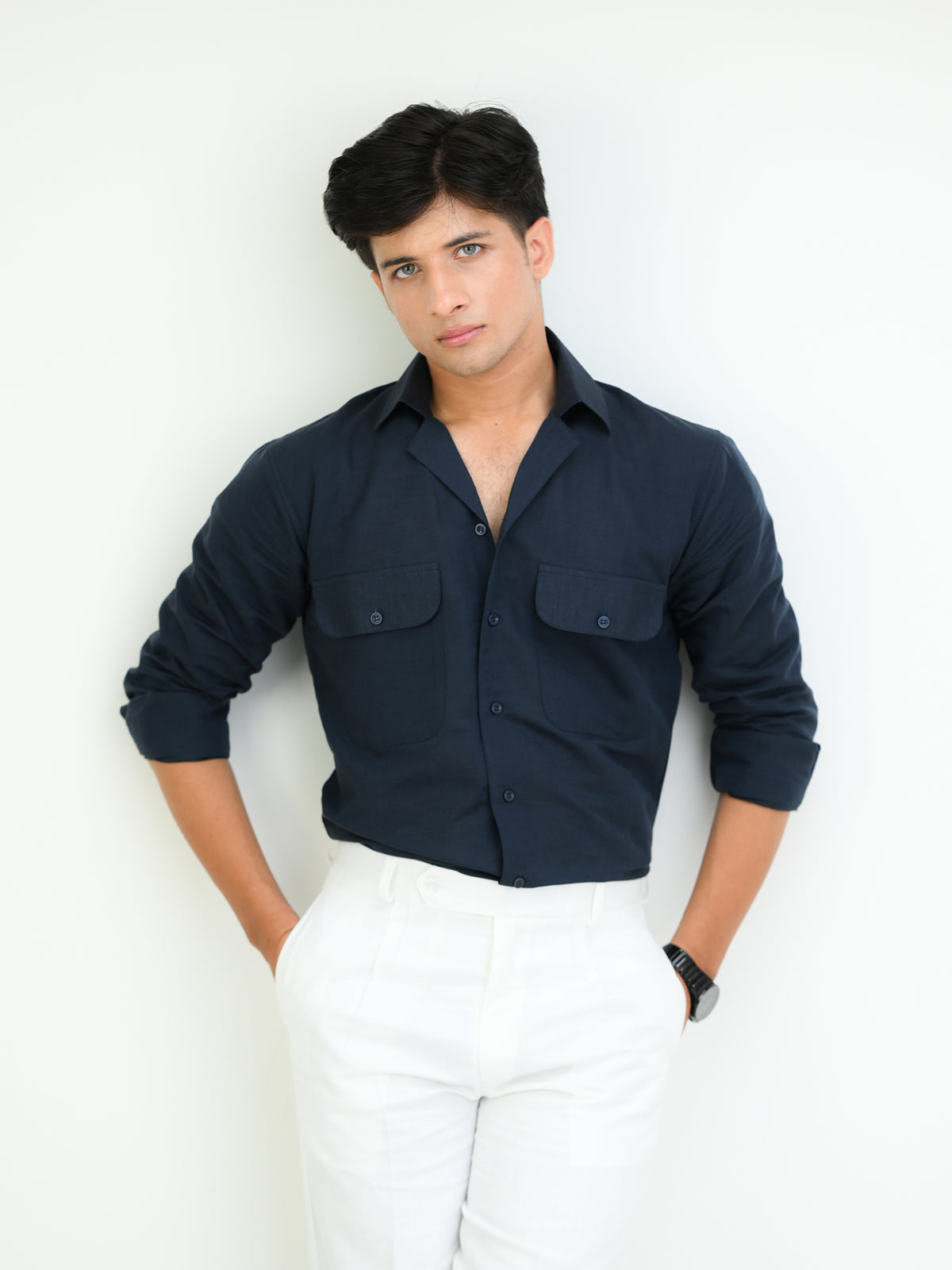 Blue Cotton Linen Dual Pocket Shirt